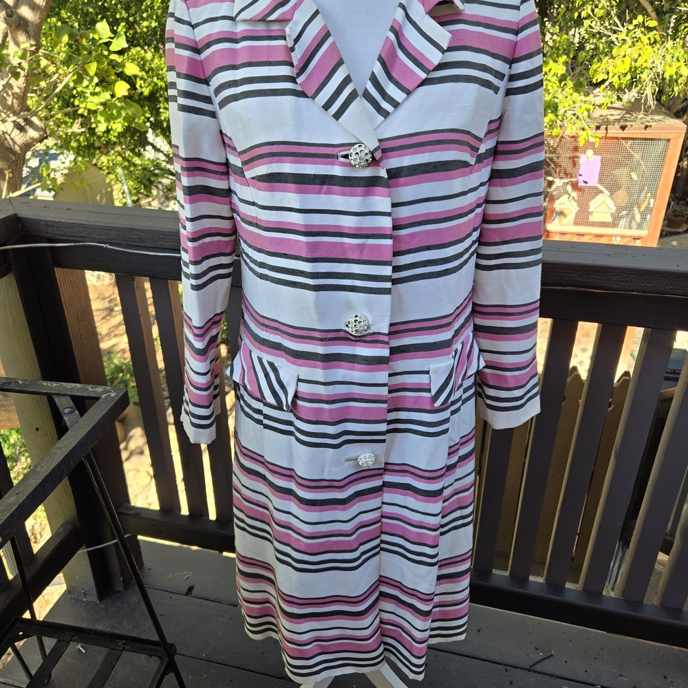 Leslie Fay Sixties Pink, Black & Cream Striped Taffetta  Coat Dress